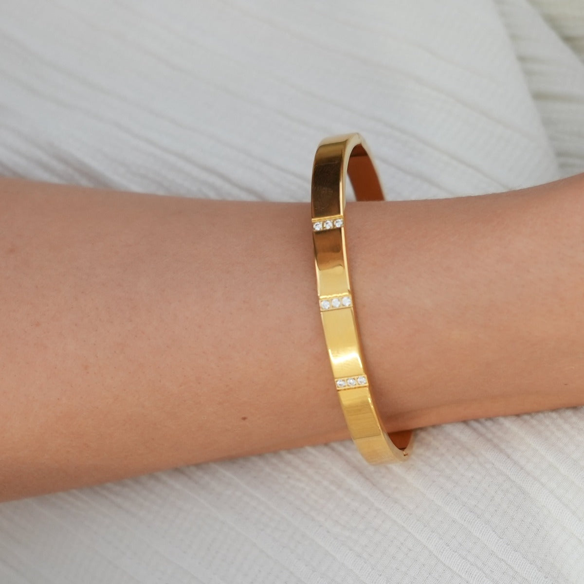 Linear Stone Bangle Bracelet - Gold Tone