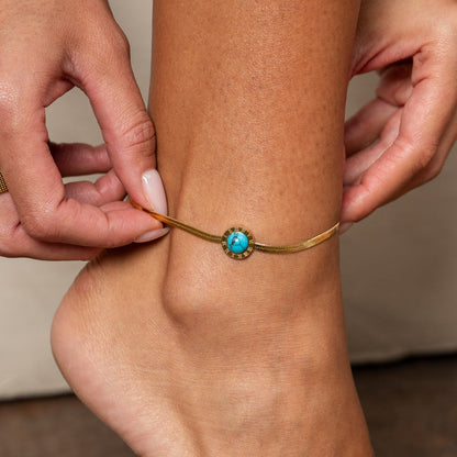 Aqua Stone Snake Chain Anklet - Gold Tone