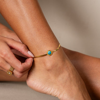 Aqua Stone Snake Chain Anklet - Gold Tone