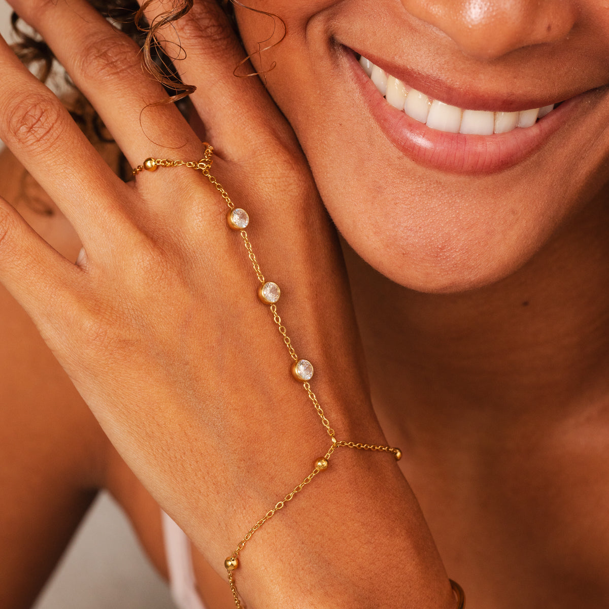 Stone Hand Chain - Gold Tone