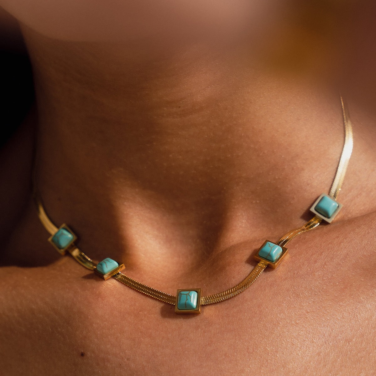 Aqua Stone Snake Chain Necklace - Gold Tone