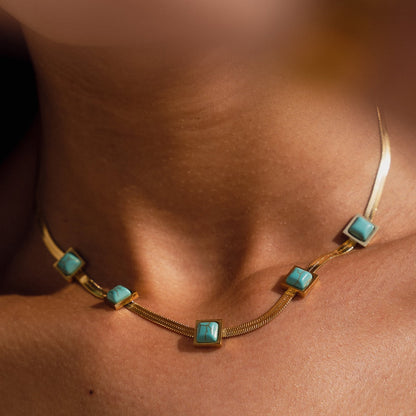 Aqua Stone Snake Chain Necklace - Gold Tone