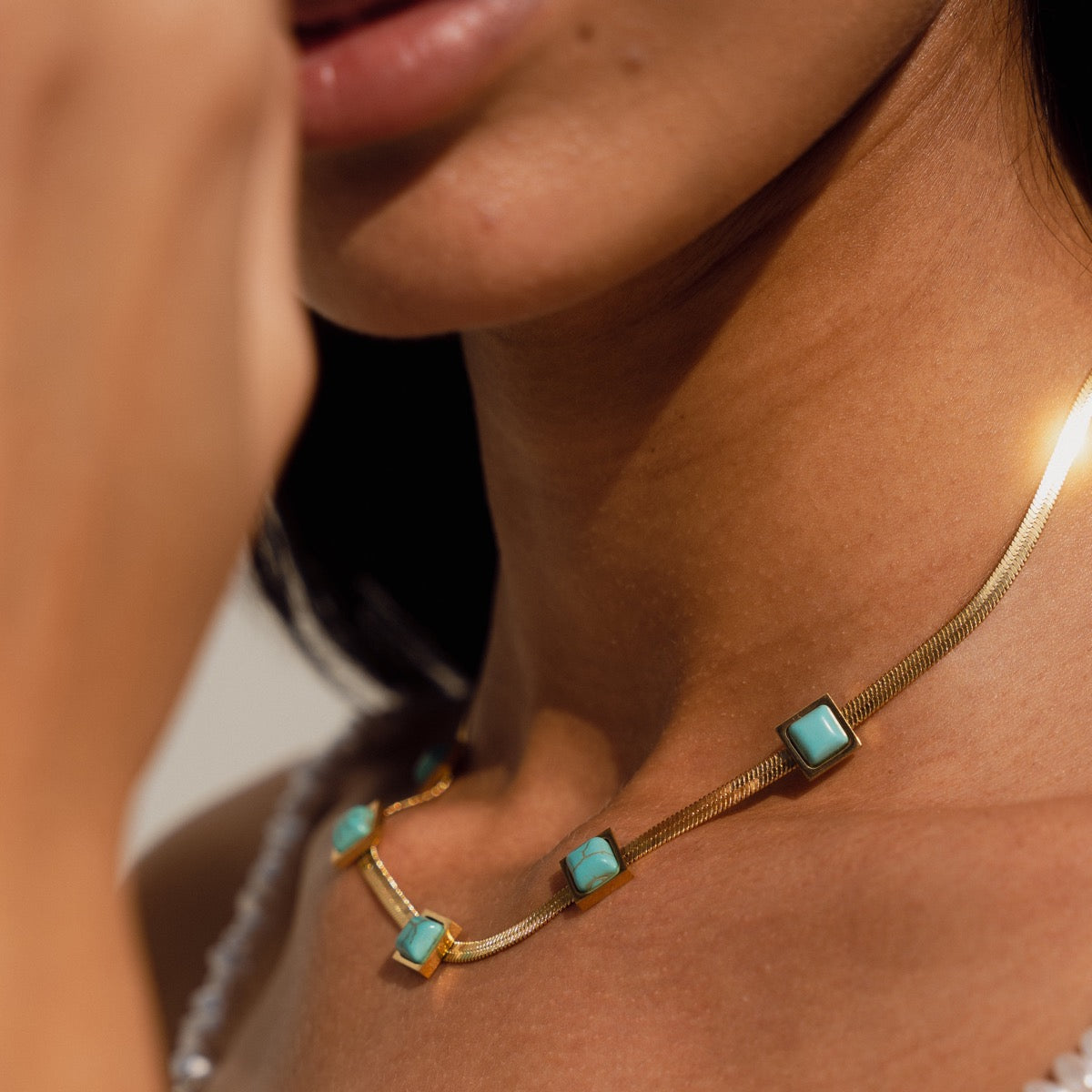 Aqua Stone Snake Chain Necklace - Gold Tone