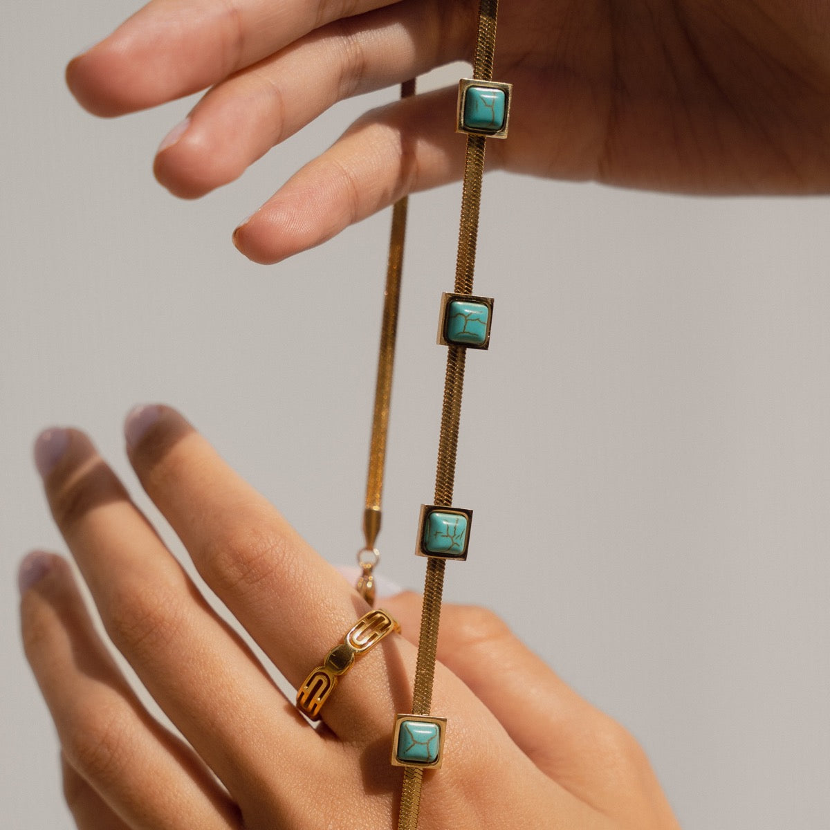 Aqua Stone Snake Chain Necklace - Gold Tone