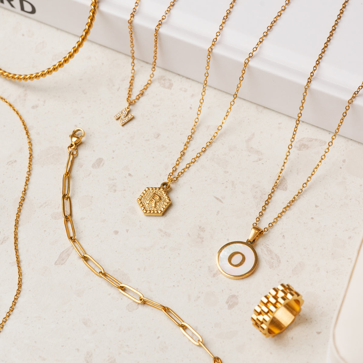 Marble Initial Necklace - Gold Tone