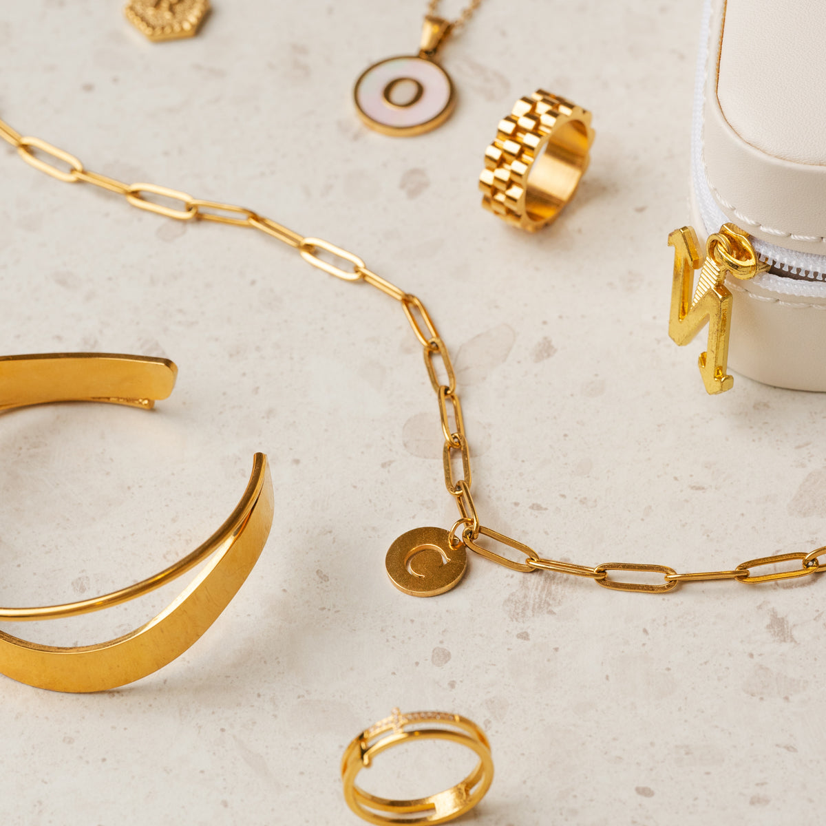 Engraved Clip Chain Initial Necklace - Gold Tone
