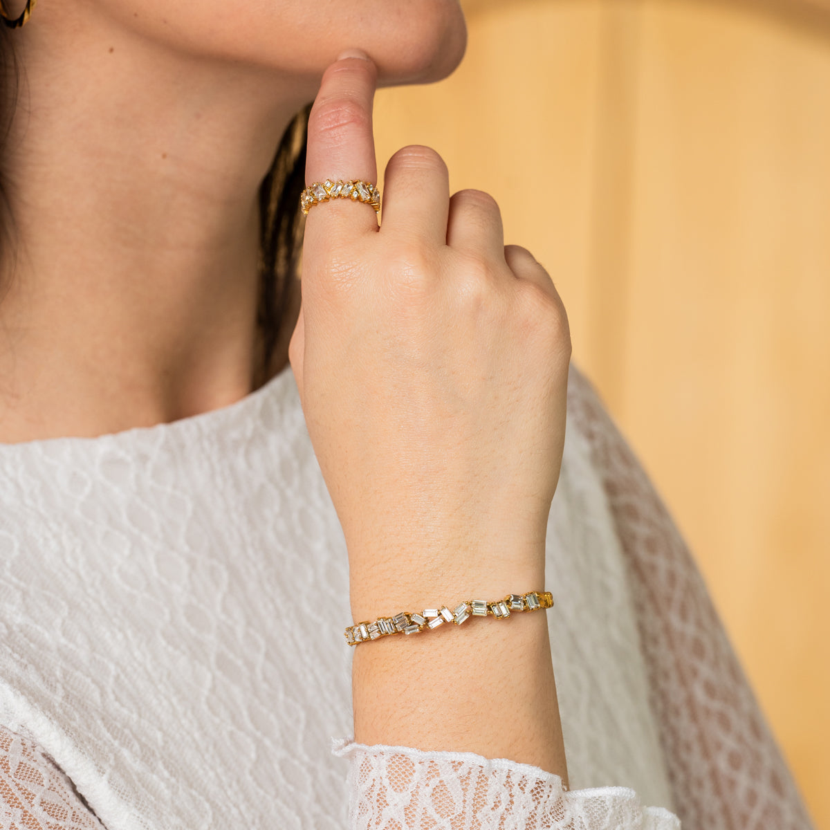 Stone CZ Baguette Cut Bangle - Gold Tone