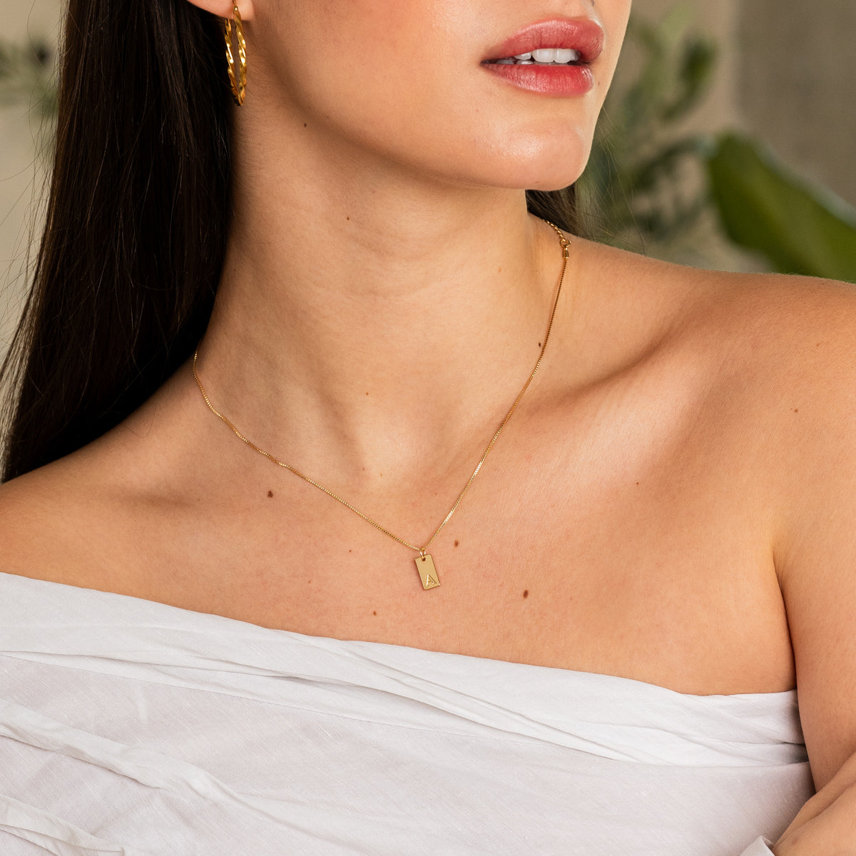Tablet Engraved Initial Necklace - Gold Tone