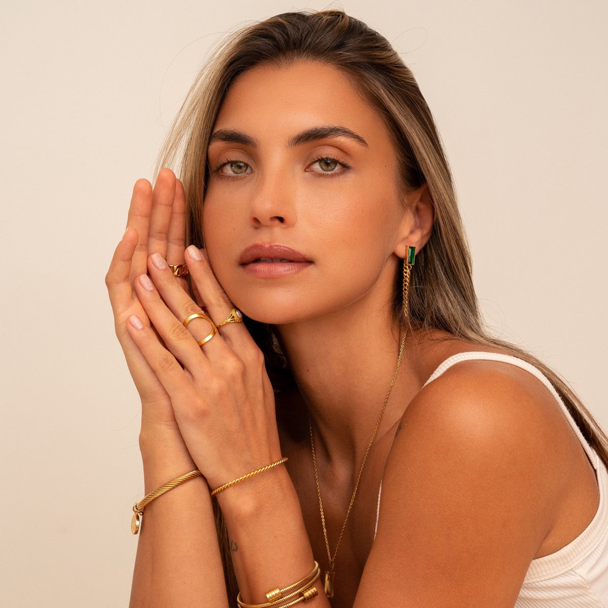 Emerald Cuban Dangle Earrings - Gold Tone