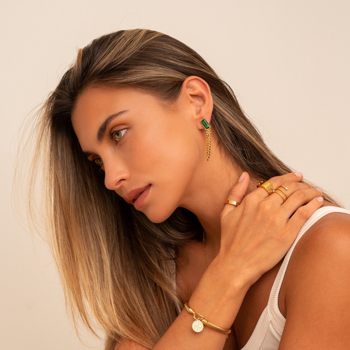 Emerald Cuban Dangle Earrings - Gold Tone