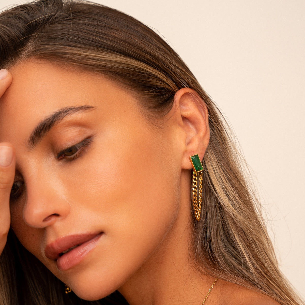 Emerald Cuban Dangle Earrings - Gold Tone