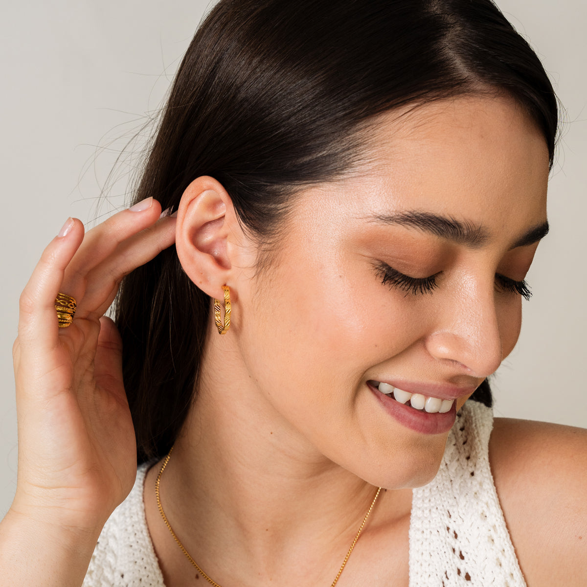 Asymmetrical Textured Hoop Earrings - Gold Tone