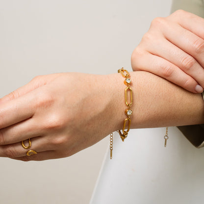 Oval Link Stone Chain Bracelet - Gold Tone