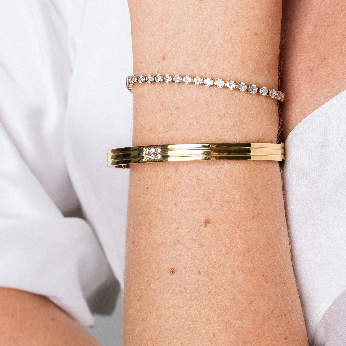 Carved Stone Bangle Bracelet  - Gold Tone