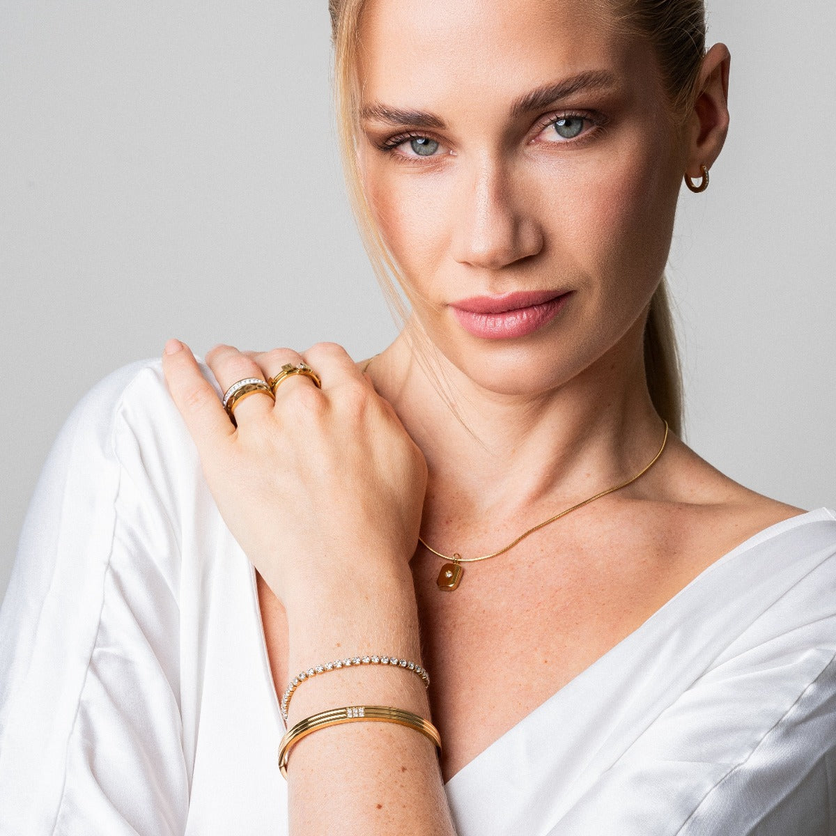 Carved Stone Bangle Bracelet  - Gold Tone