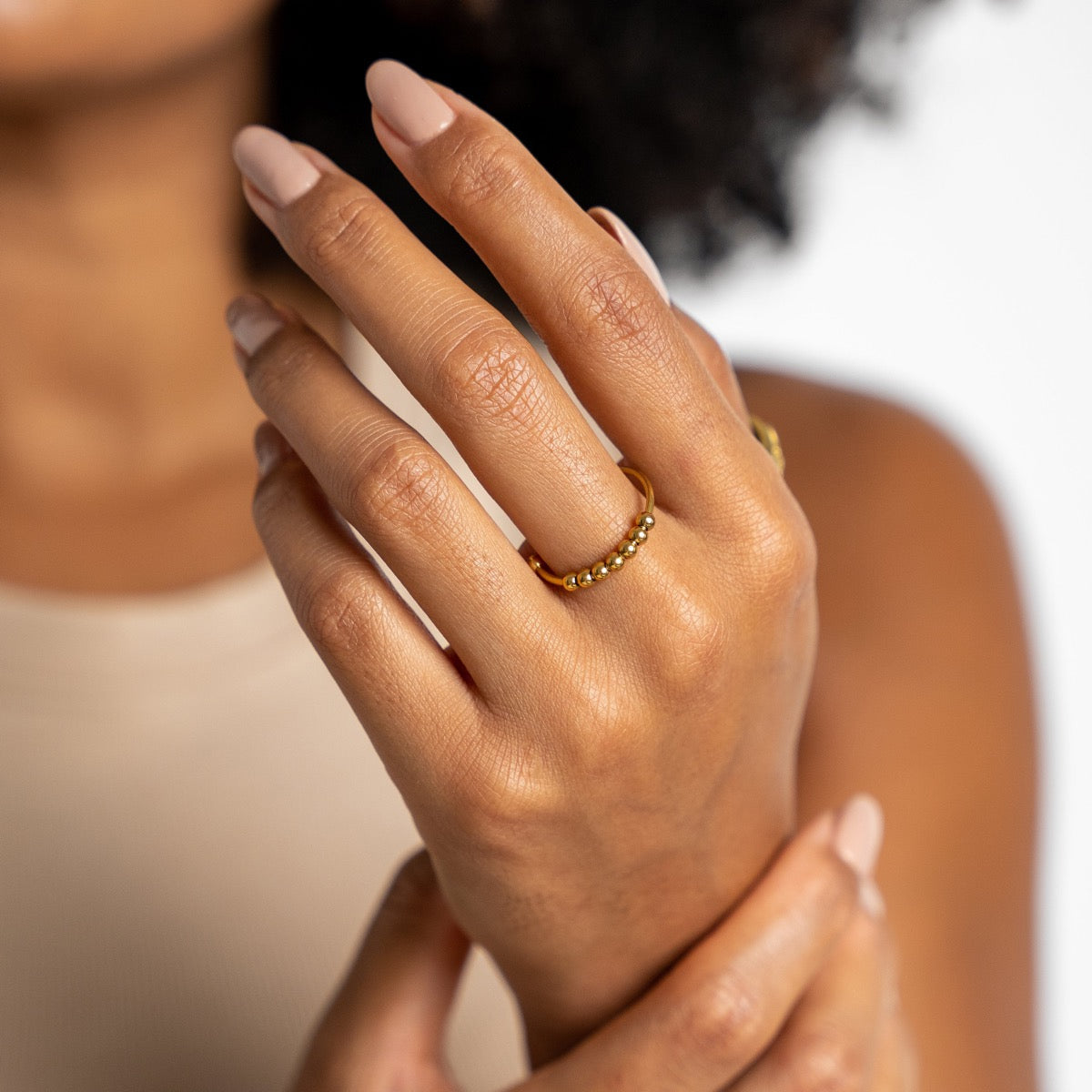Beaded Adjustable Fidget Ring - Gold Tone