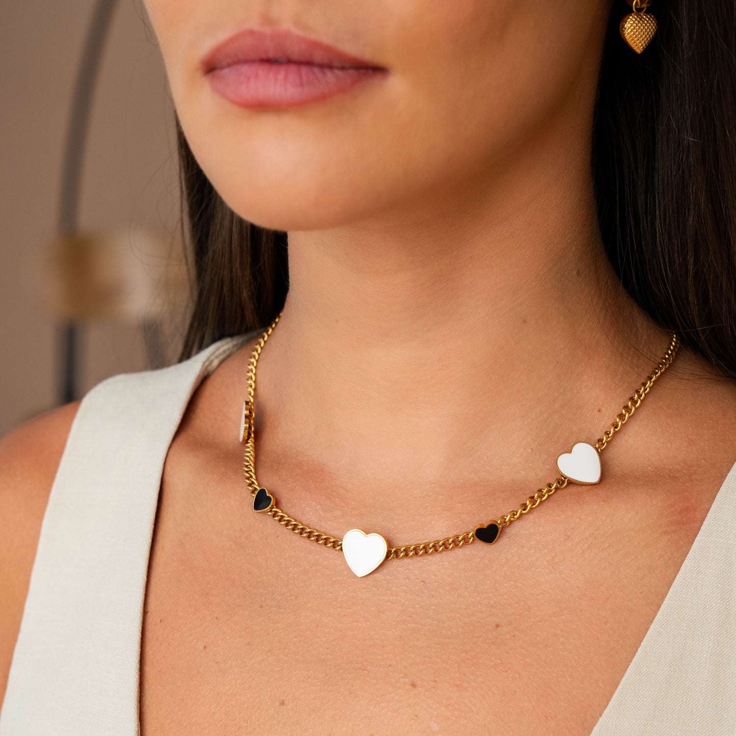 Monochrome Hearts Necklace - Gold Tone