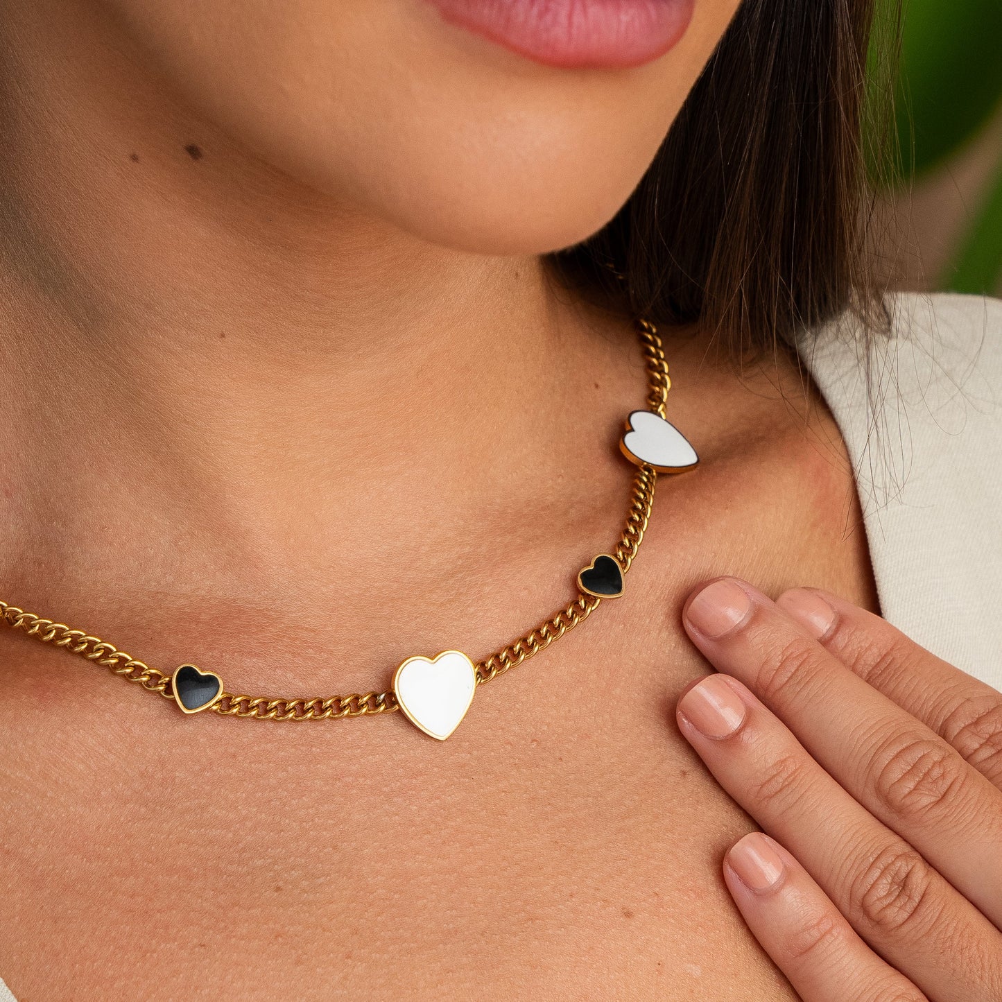 Monochrome Hearts Necklace - Gold Tone