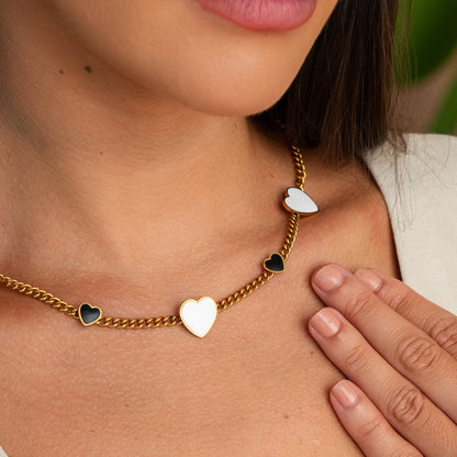 Monochrome Hearts Necklace - Gold Tone