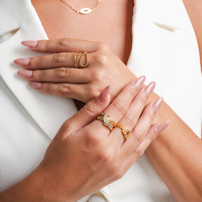 Woven Double Layer Stone Ring - Gold Tone