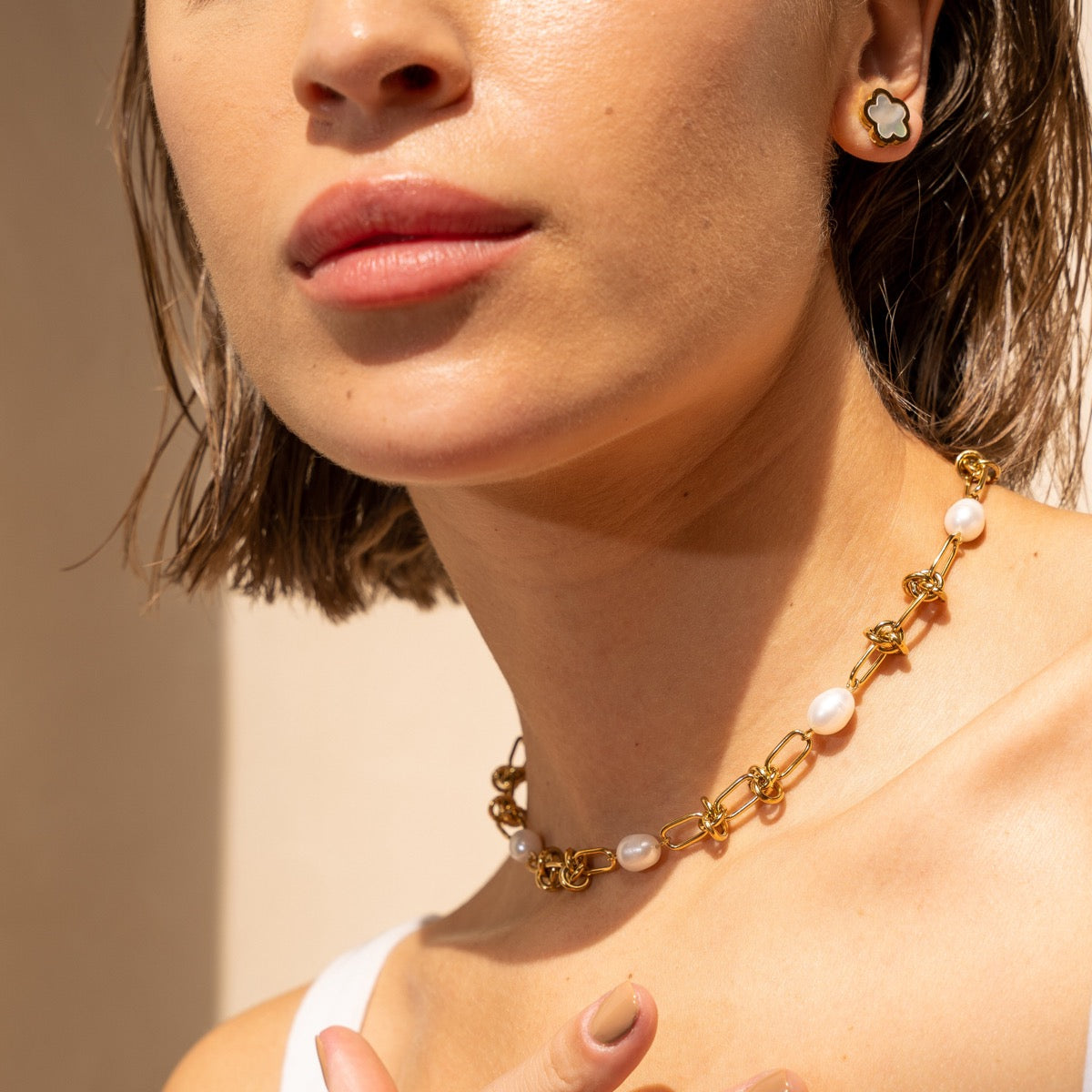 Pearl Knot Necklace - Gold Tone