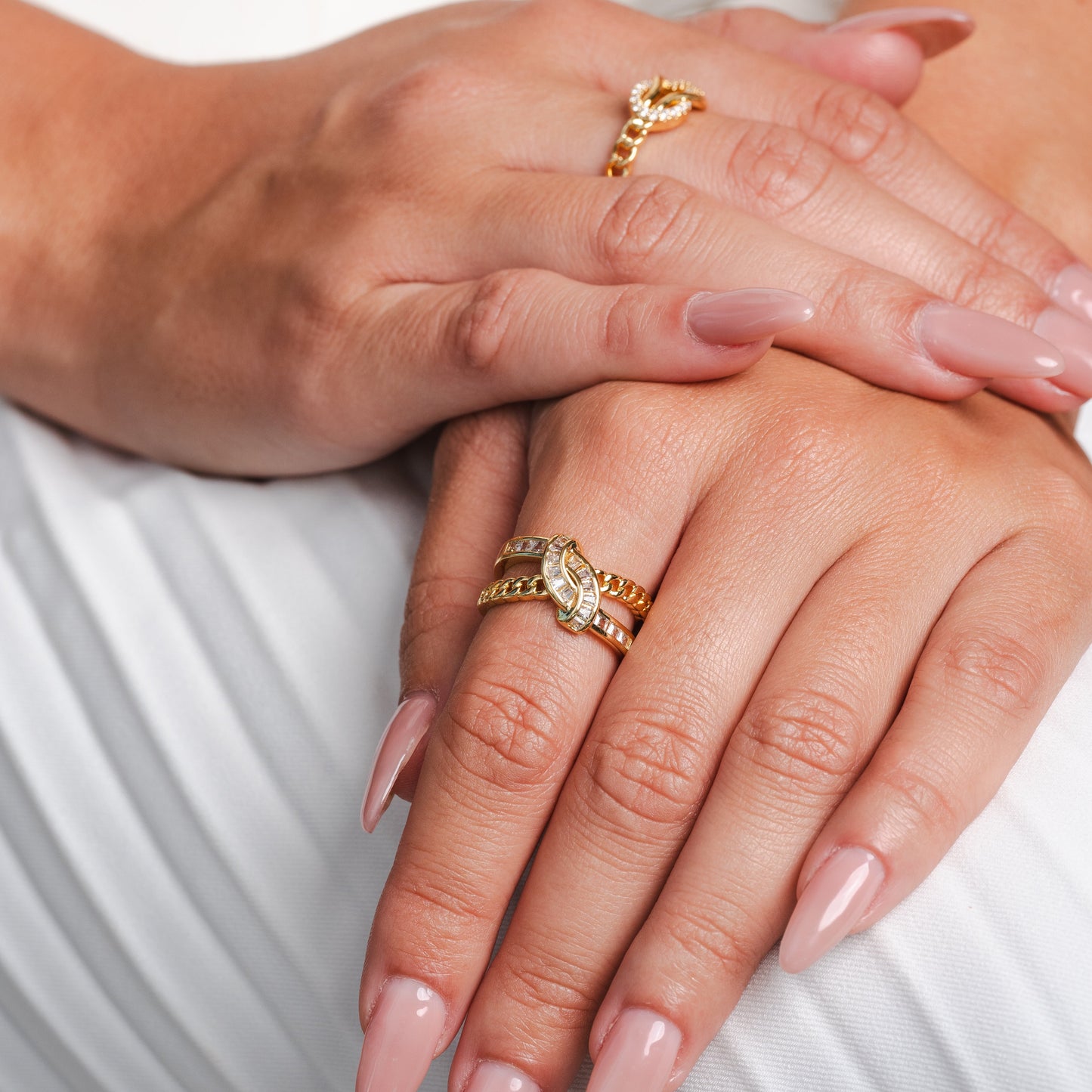 Woven Double Layer Stone Ring - Gold Tone