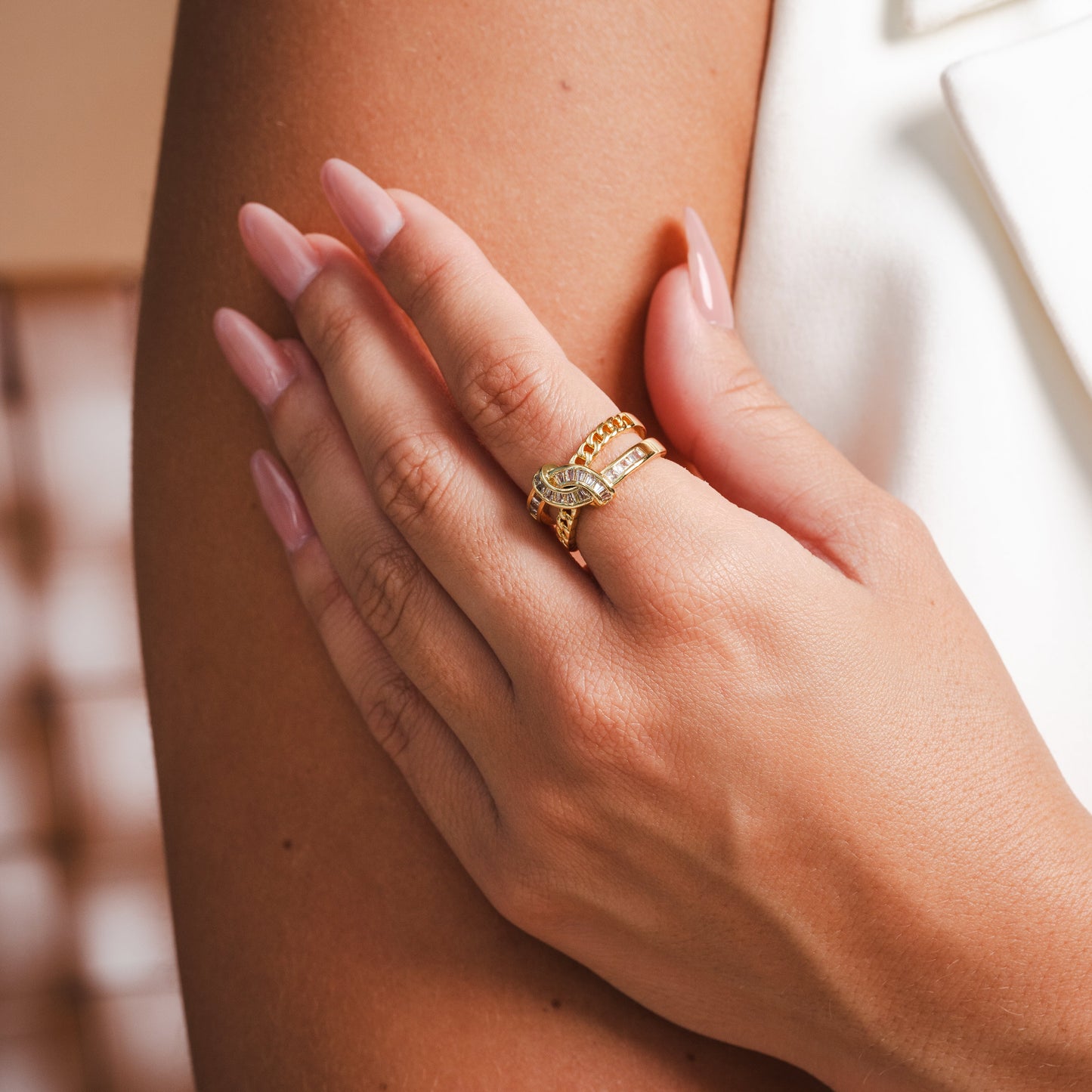 Woven Double Layer Stone Ring - Gold Tone