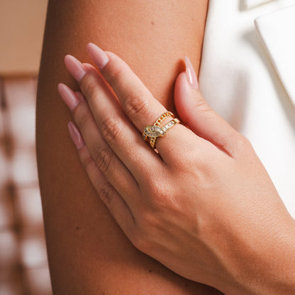 Woven Double Layer Stone Ring - Gold Tone
