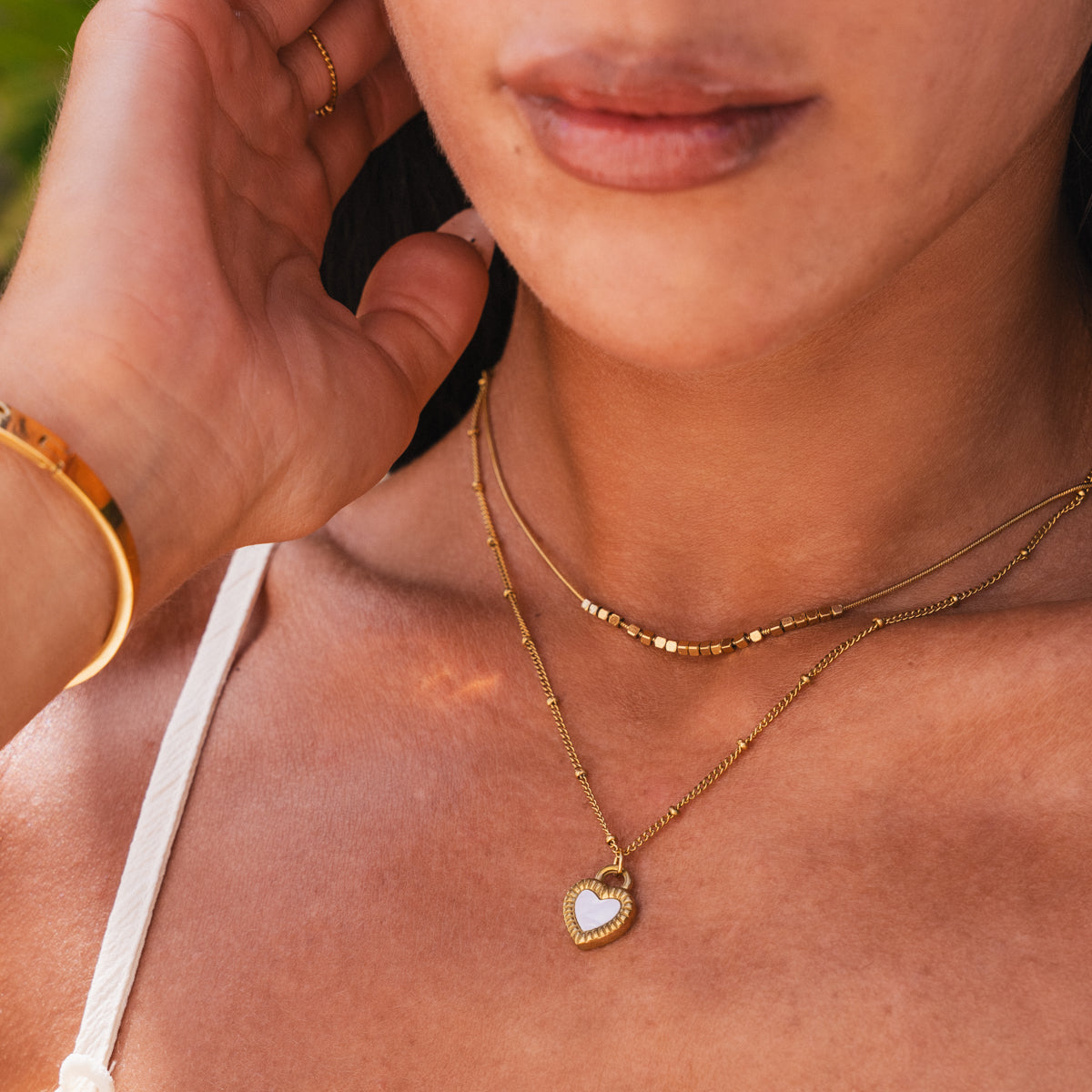 Marble Heart Layered Necklace - Gold Tone