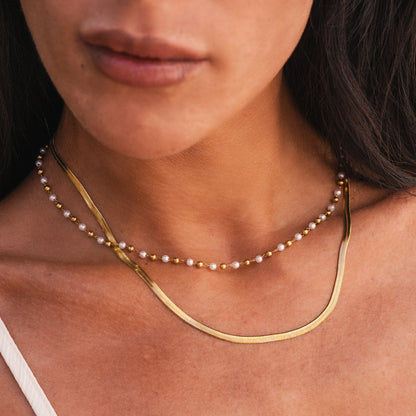 Contrast Pearl Layered Snake Chain Necklace - Gold Tone