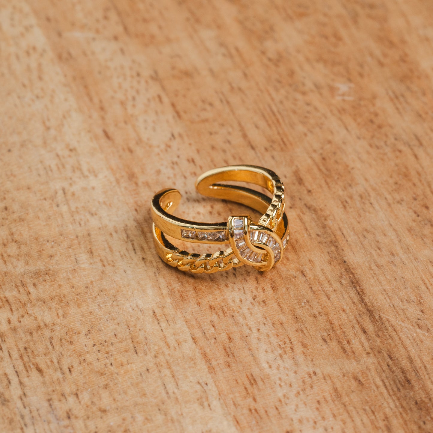 Woven Double Layer Stone Ring - Gold Tone