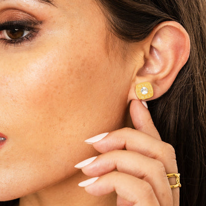 Square Latin Stud Stone Earrings - Gold Tone