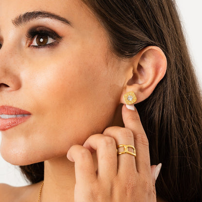 Square Latin Stud Stone Earrings - Gold Tone