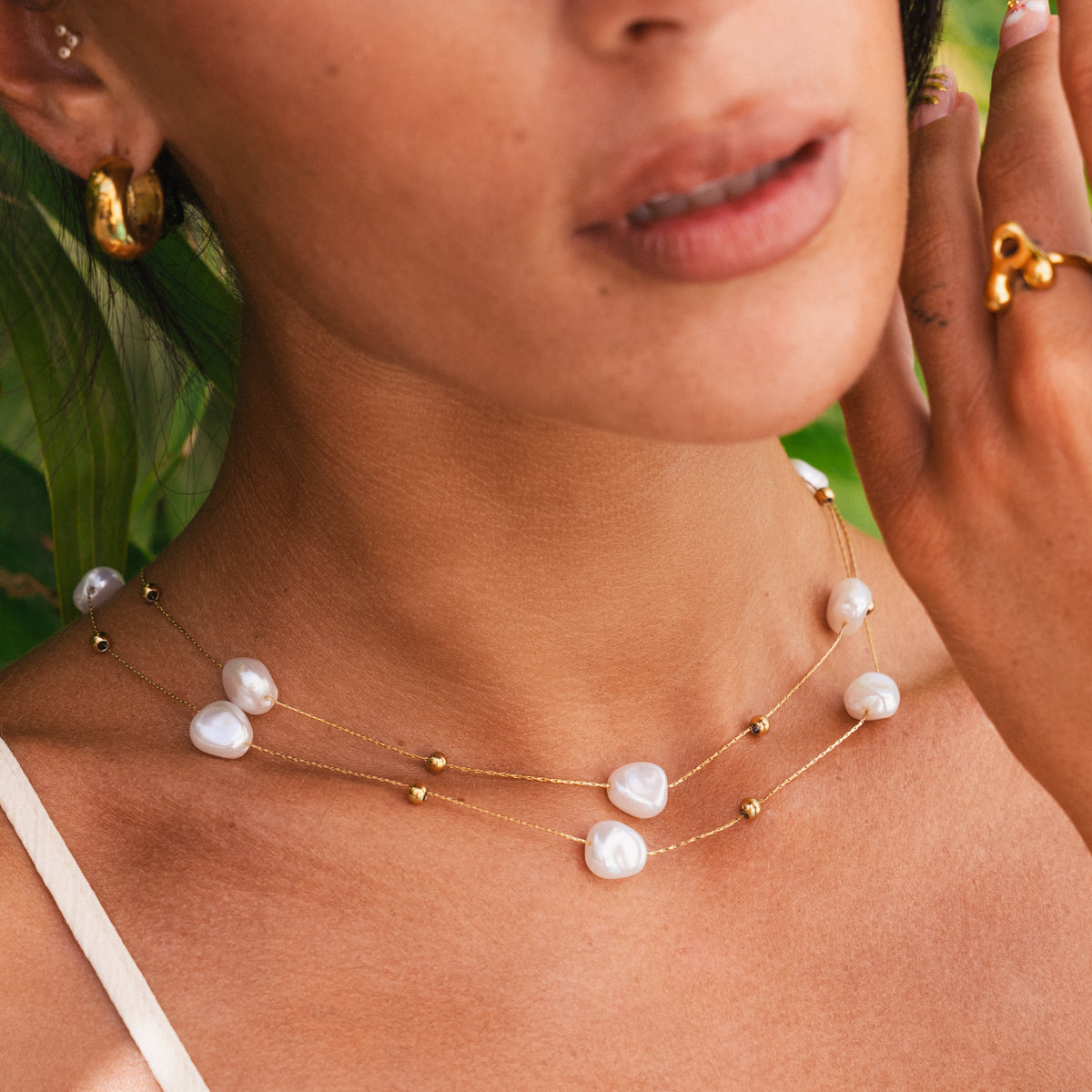 Abstract Pearl Layered Necklace - Gold Tone