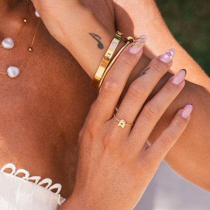 Bubble Initial Rope Chain Adjustable Ring - Gold Tone