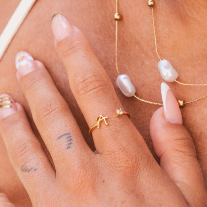 Scripture Stone Initial Adjustable Ring - Gold Tone