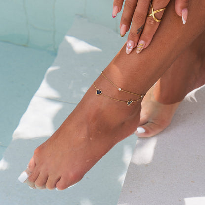 Stone Heart Double Chain Anklet - Gold Tone