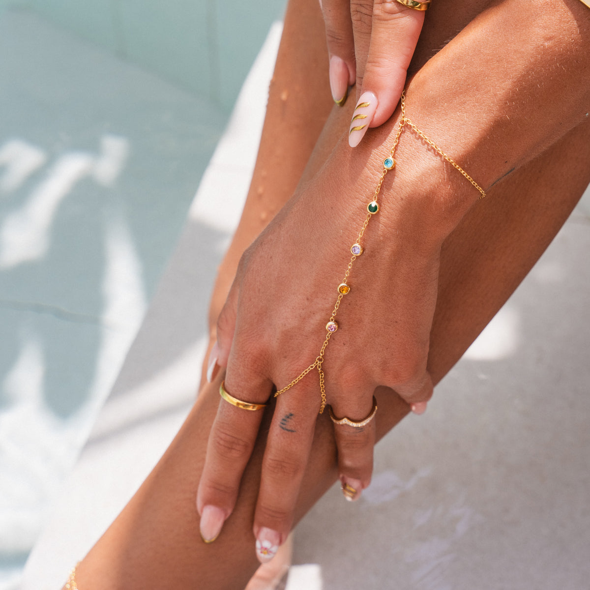 Multi Colour Stone Hand Chain - Gold Tone