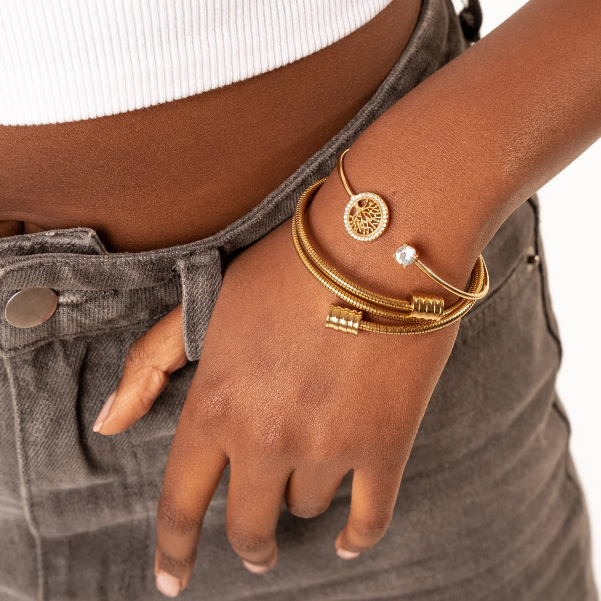 Tree of Life Stone Bangle Bracelet - Gold